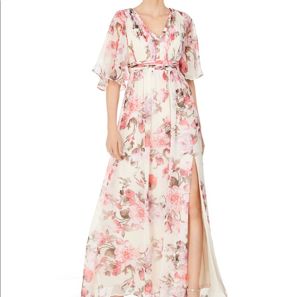 adrianna papell printed ruched chiffon gown
